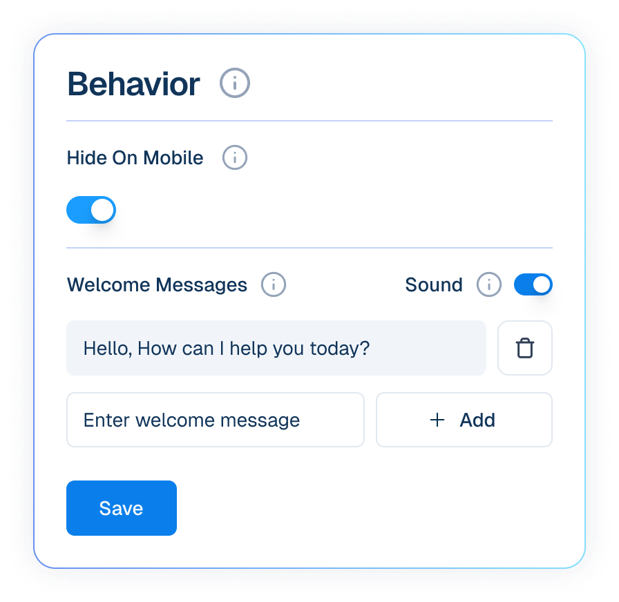 Chatbot Behavior Settings Interface Mockup Mockup of a chatbot behavior settings interface showing options for mobile visibility, sound, and custom welcome messages.