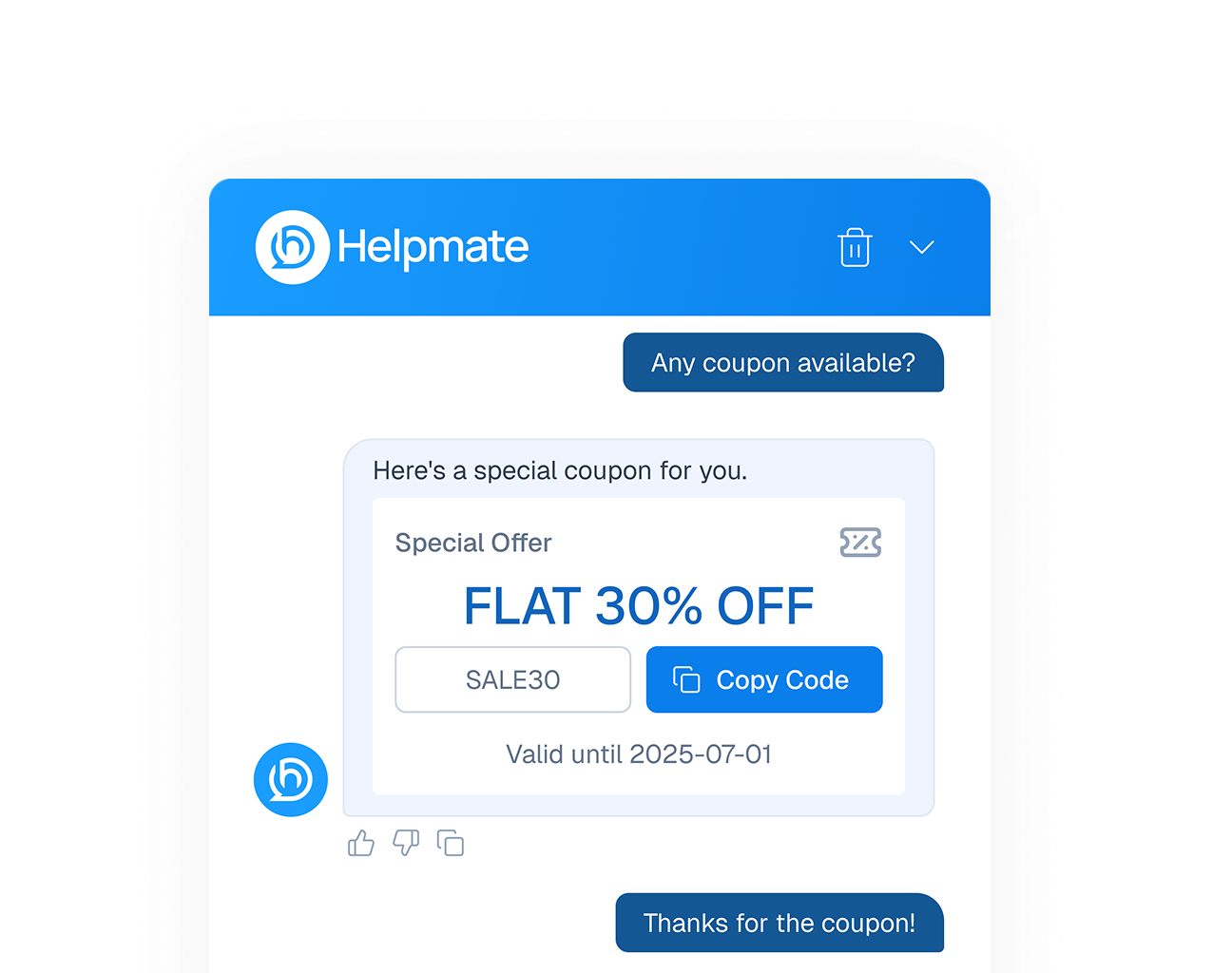 Mockup of a chatbot interface showing an automated response delivering a 30% off discount code to a customer.