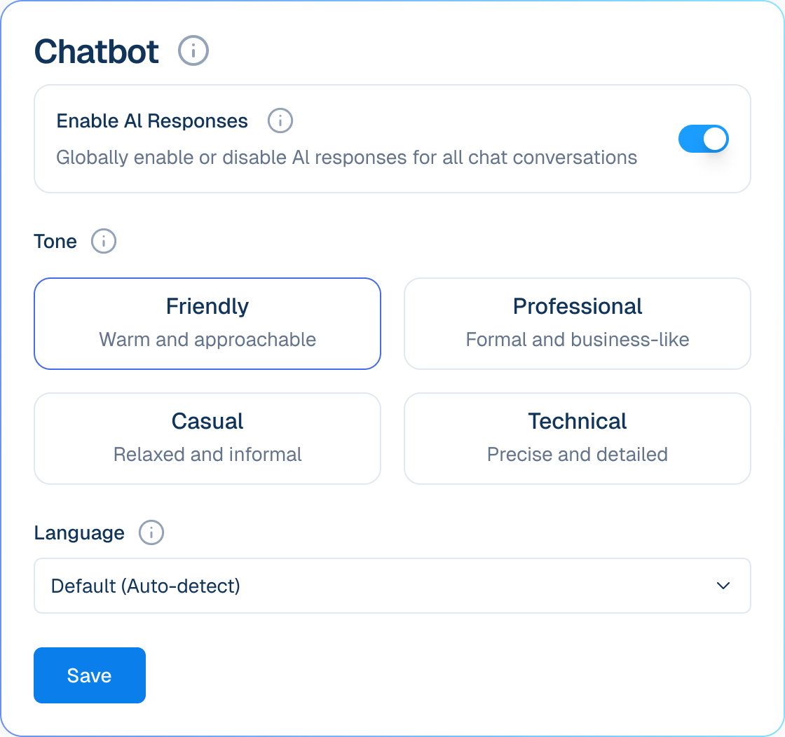 Mockup of a chatbot settings panel showing options to enable AI responses, select conversational tone, and choose a language.