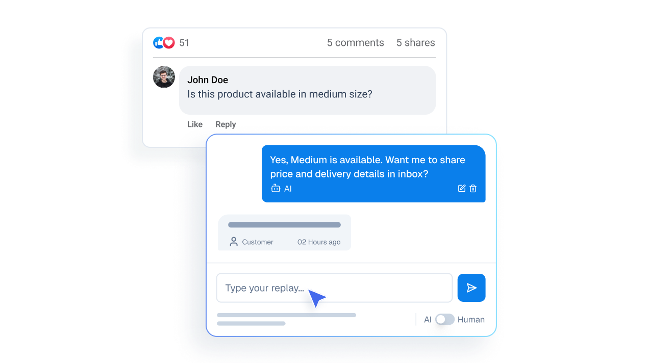Mockup illustrating a public social media comment from a user transitioning into a private direct message interface.
