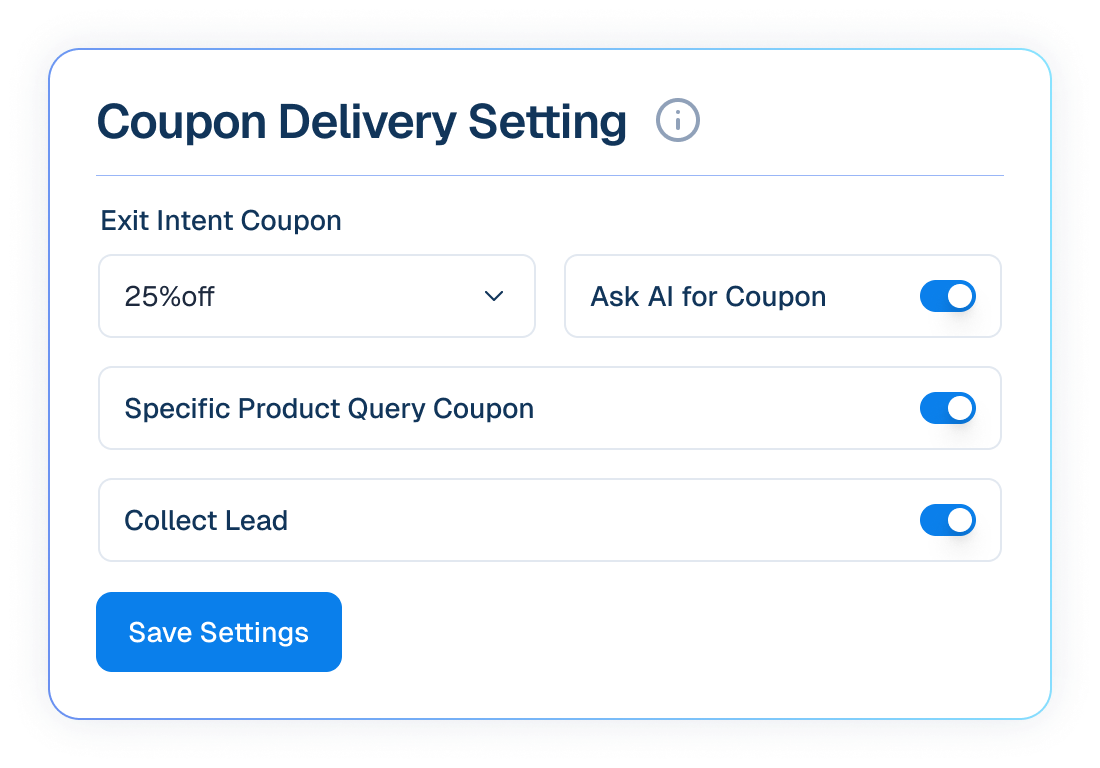 Coupon Delivery Settings Interface Mockup Mockup of a coupon delivery settings interface showing toggles for exit intent, specific product queries, and lead collection.