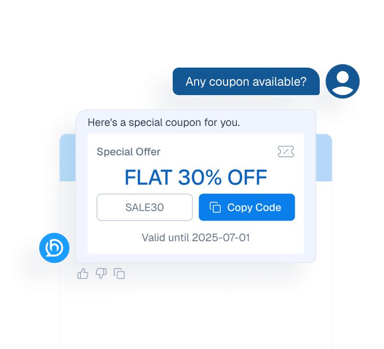 Mockup of a chatbot interface automatically providing a 30% discount coupon code in response to a customer's request.