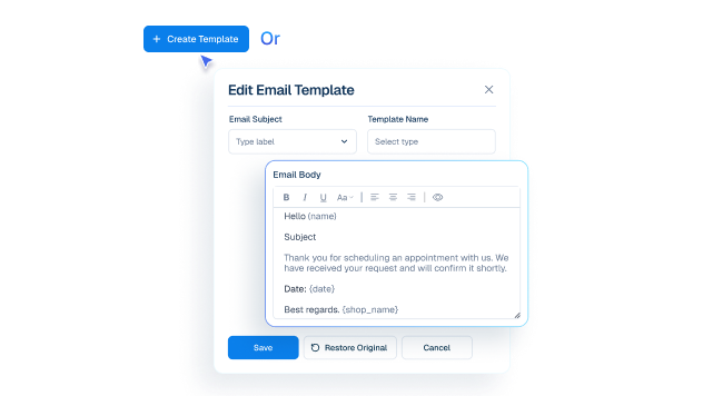 Mockup of an email template editor interface showing fields for subject, template name, and a customizable email body with dynamic variables.