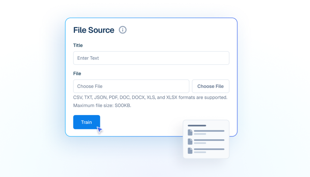 Mockup of a 'File Source' upload interface showing fields for Title and File selection, with a cursor clicking a blue 'Train' button to upload documents.