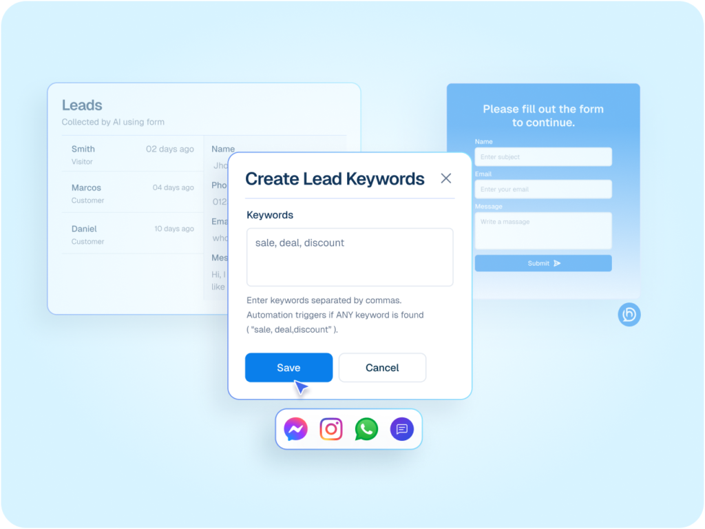 Interface mockup showing lead capture automation with a "Create Lead Keywords" popup containing keywords like "sale, deal, discount" over a leads dashboard.
