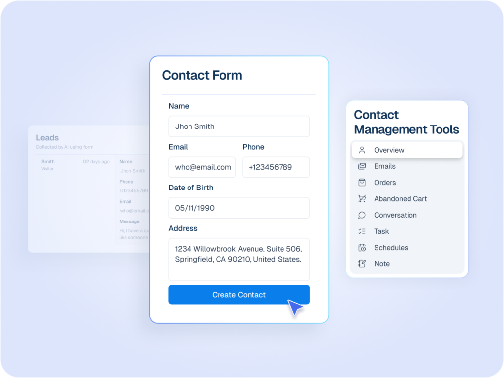 Interface mockup showing a contact form filled with user details like name, email, and address, next to a menu of contact management tools, demonstrating how to create customer profiles.