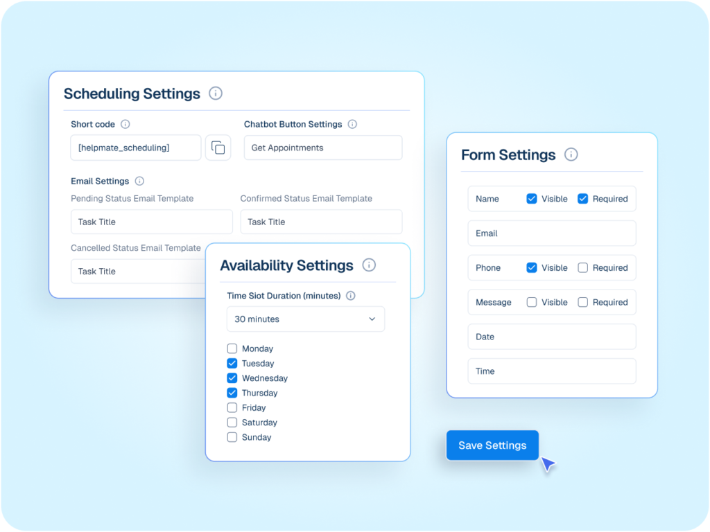 Interface mockup of a CRM appointment and booking system, showing configuration panels for scheduling, availability, and form settings with a cursor clicking a save button.
