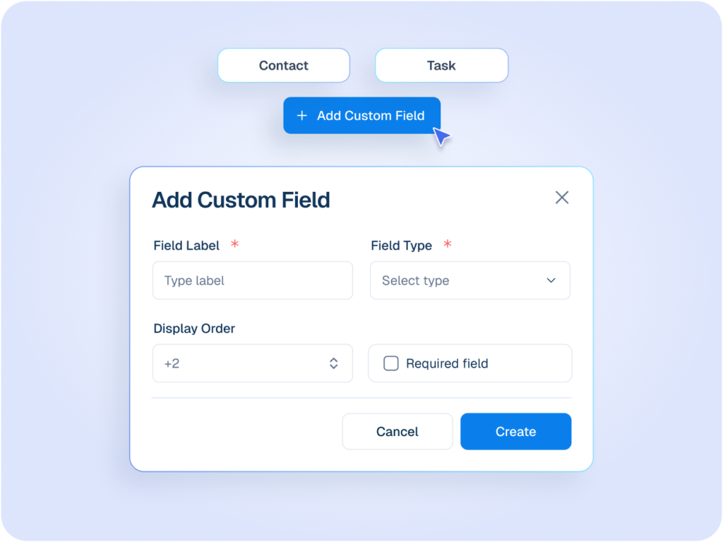 Interface mockup of a CRM "Add Custom Field" popup window showing configuration options like field label, type, and display order.