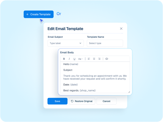 Interface mockup of a CRM "Edit Email Template" popup window showing fields for subject, template name, and a rich text editor with dynamic data tags like name and date.