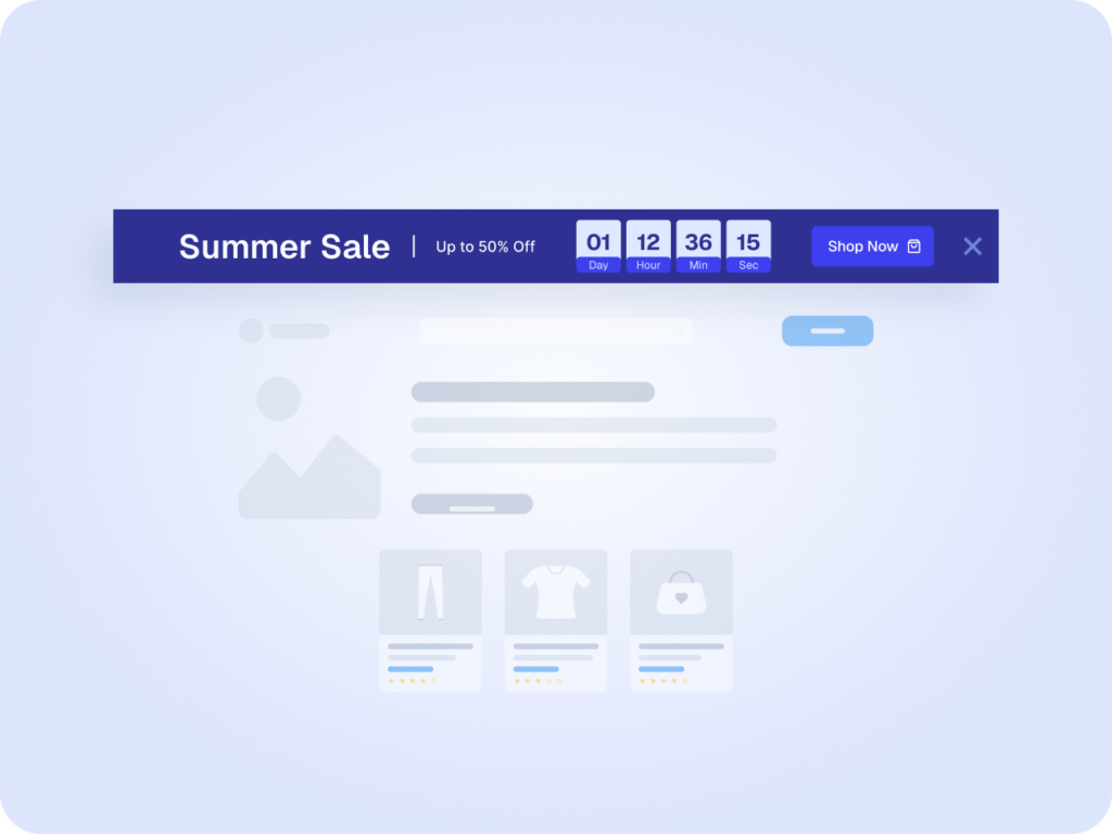 Website Promo Bar Interface Mockup Mockup of an abstracted website interface featuring a dark blue promotional banner with a countdown timer at the top.