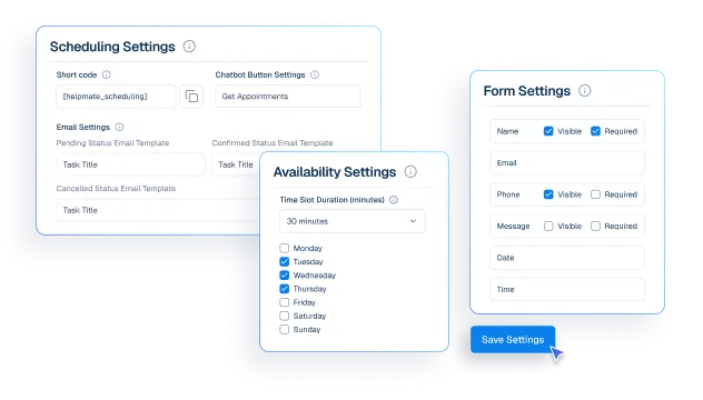 Interface mockup of a CRM appointment and booking system, showing configuration panels for scheduling, availability, and form settings with a cursor clicking a save button.