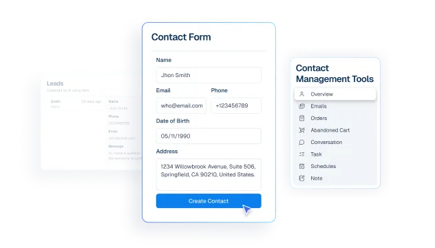 Interface mockup of a CRM dashboard demonstrating a contact management feature, showing a user filling out a contact form to create a new customer profile.