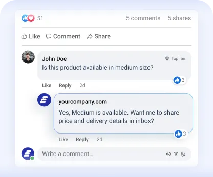 Mockup of an automated social media comment reply from a company answering a customer's product question.