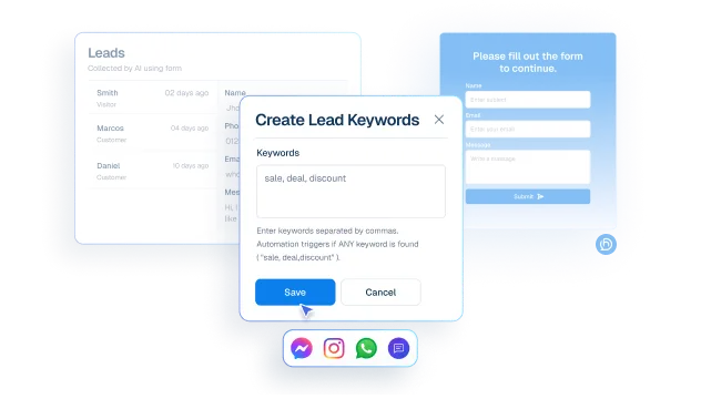 Interface mockup showing lead capture automation with a "Create Lead Keywords" popup containing keywords like "sale, deal, discount" over a leads dashboard.