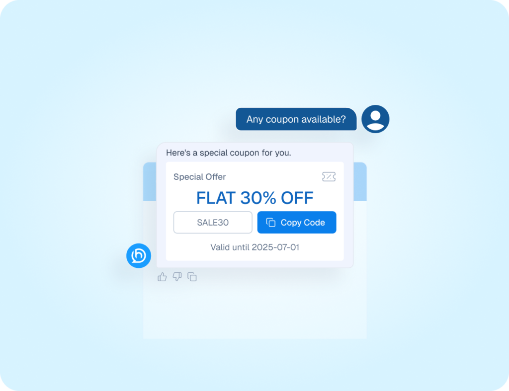 Automated Coupon Delivery Chatbot Interface Mockup of a chatbot interface automatically providing a 30% discount coupon code in response to a customer's request.