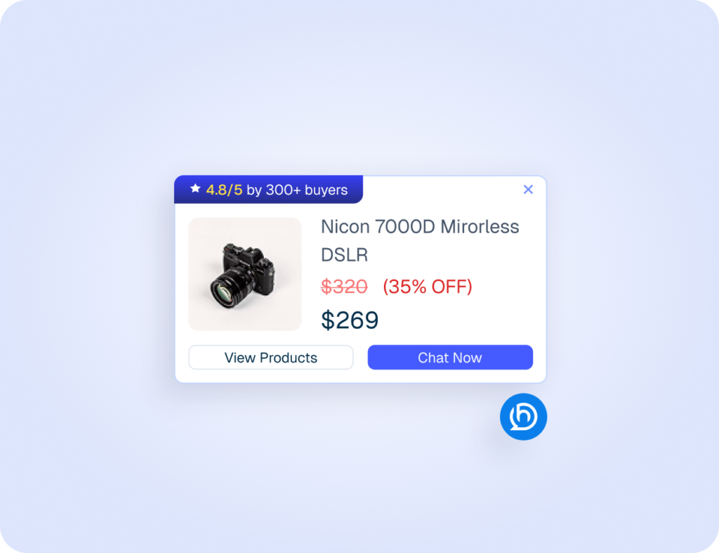 Proactive Sales Chatbot Interface Mockup of a proactive sales chatbot pop-up displaying a discounted camera product card.