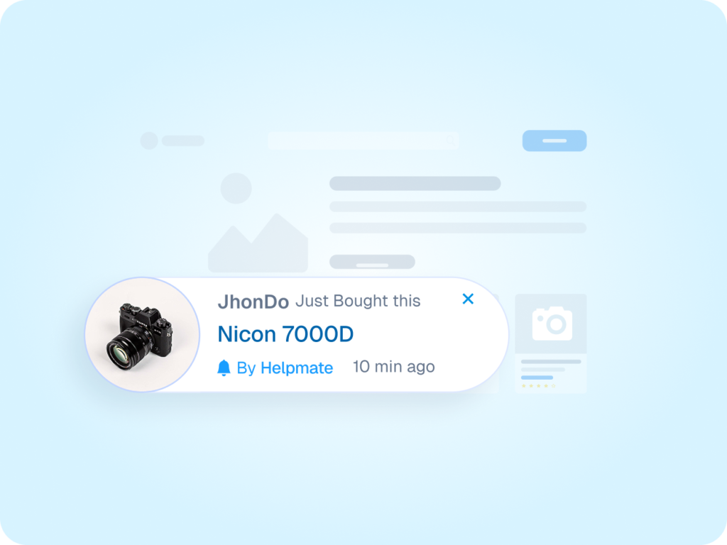 Helpmate AI Live Sales Notification Interface Interface mockup of a live sales notification showing a recent purchase of a Nicon 7000D camera by a user named JhonDo.