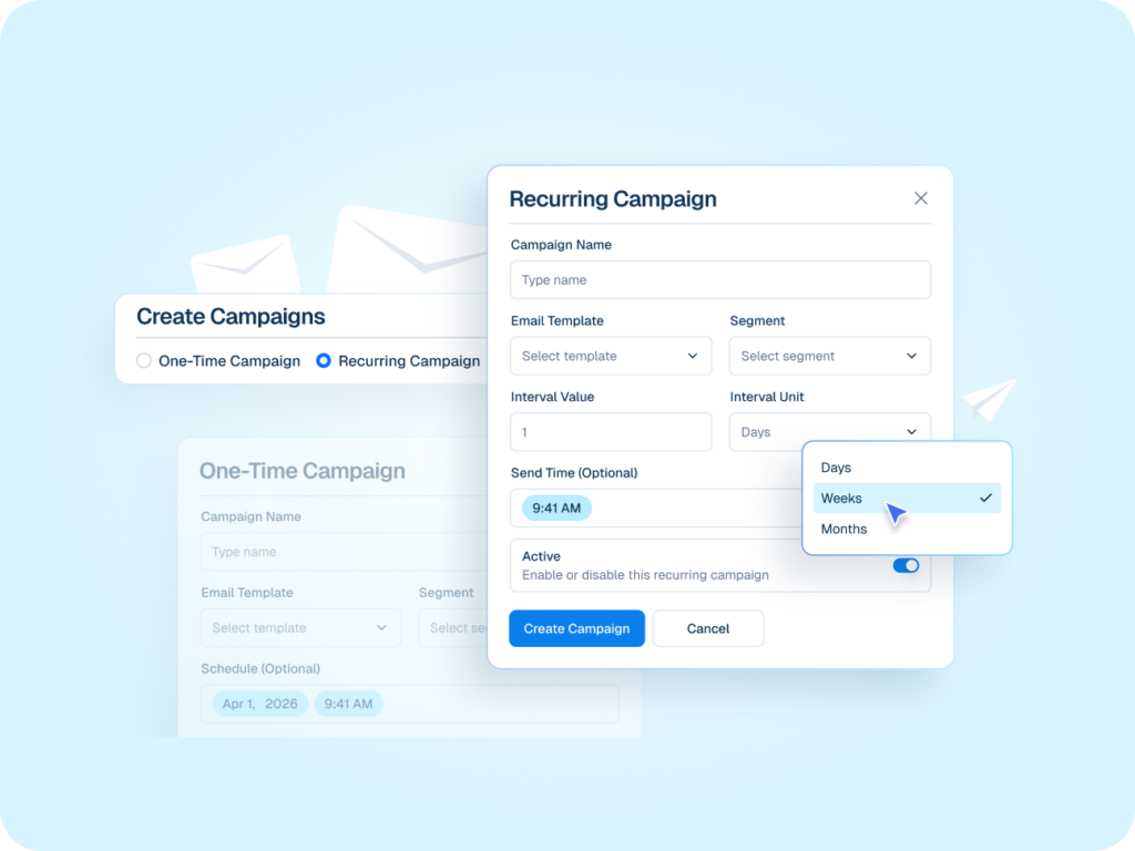 Helpmate AI Email Campaign Scheduling Interface Interface mockup of an email campaign builder showing options to create one-time or recurring campaigns, with a cursor selecting "Weeks" from a dropdown menu for interval units.