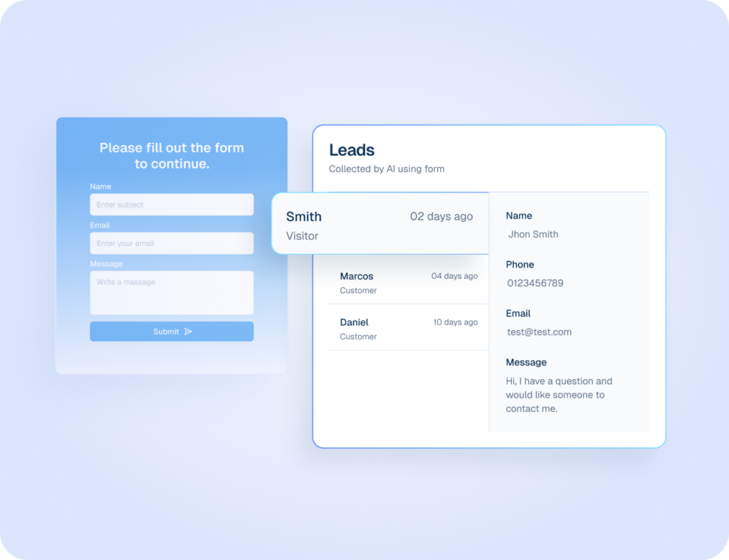 AI Lead Capture Dashboard Interface Mockup of an AI lead capture system showing a contact form and a dashboard displaying collected customer details.