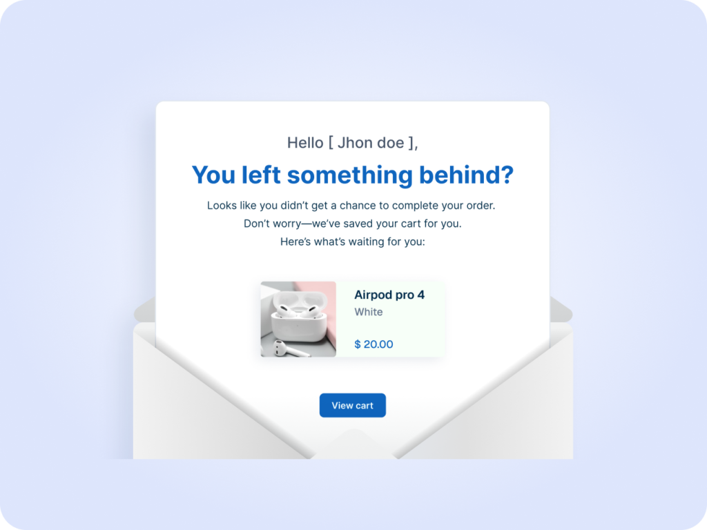 Abandoned Cart Email Automation Mockup Mockup of an abandoned cart recovery email emerging from an open envelope showing a forgotten product.