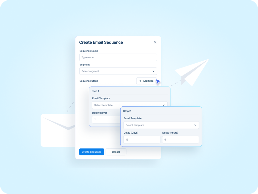 Helpmate AI Automated Email Sequence Interface Interface mockup of a "Create Email Sequence" builder showing a cursor clicking an "+ Add Step" button to configure automated follow-up emails with specific day and hour delays.