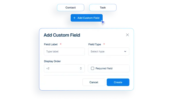 Interface mockup of a CRM "Add Custom Field" popup window showing configuration options like field label, type, and display order.