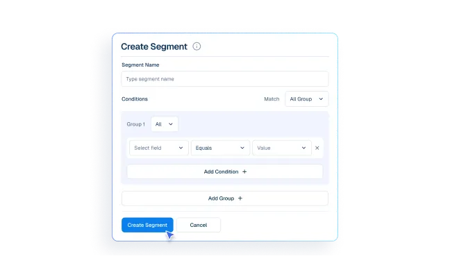 Interface mockup of a CRM dashboard demonstrating a customer segmentation feature, showing a user filling out a form to create a new group segment.