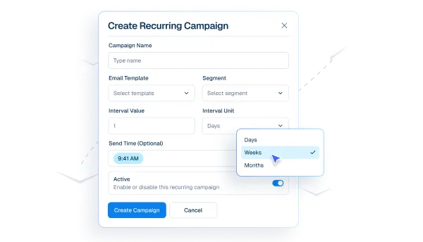 Mockup of a Create Recurring Campaign interface showing a cursor selecting 'Weeks' from the Interval Unit dropdown menu.
