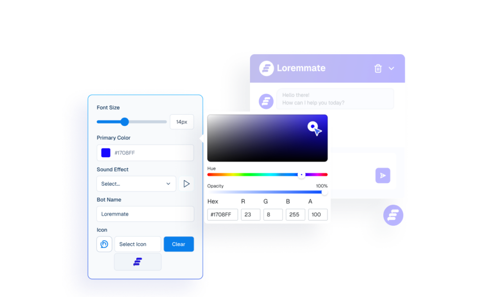 Interface mockup of a chatbot appearance settings panel with an active color picker tool used to customize the bot's primary color, alongside a live preview window.