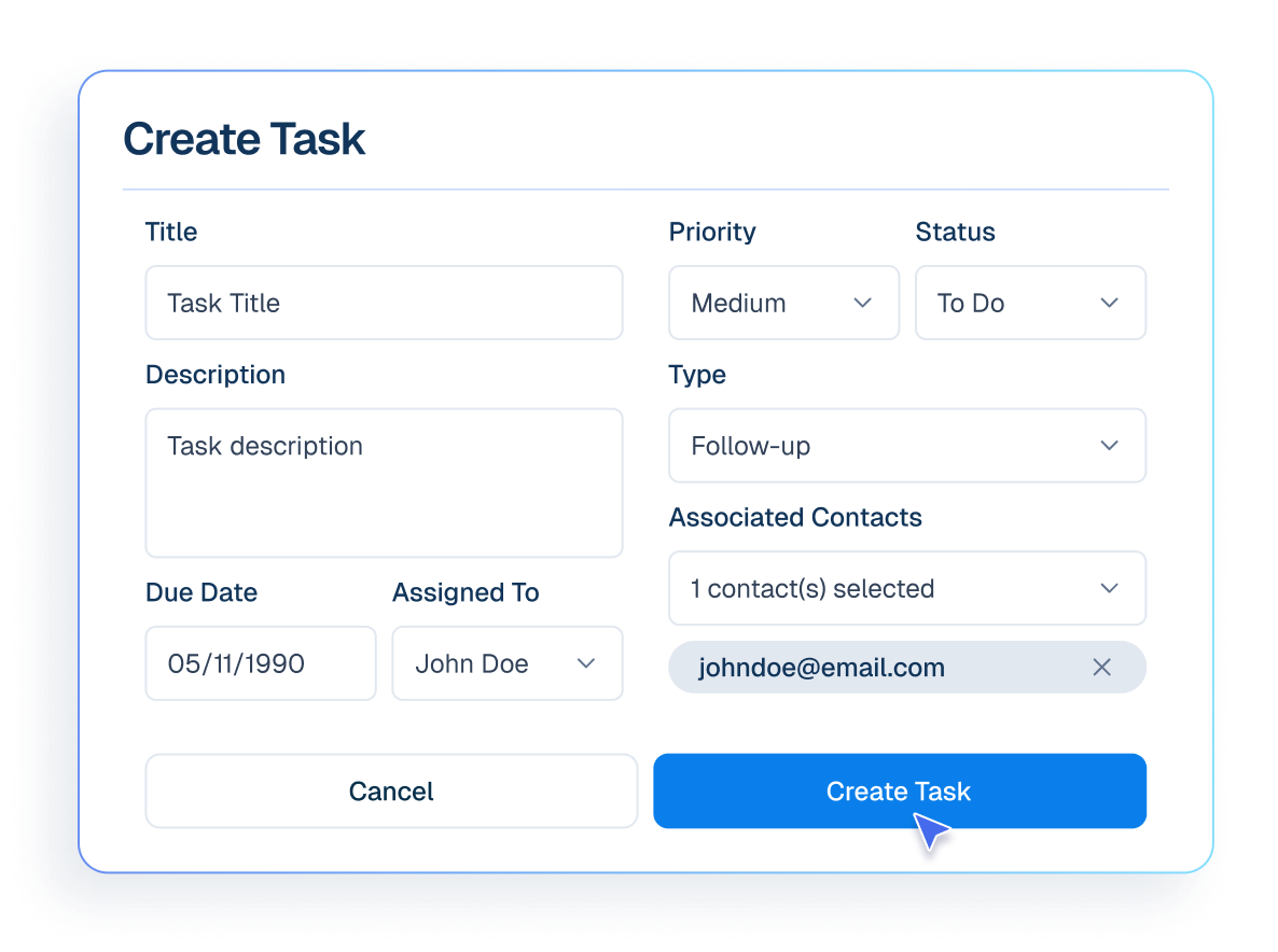 Interface mockup of a CRM dashboard demonstrating a task management feature, showing a user filling out a form to create and assign a new task.