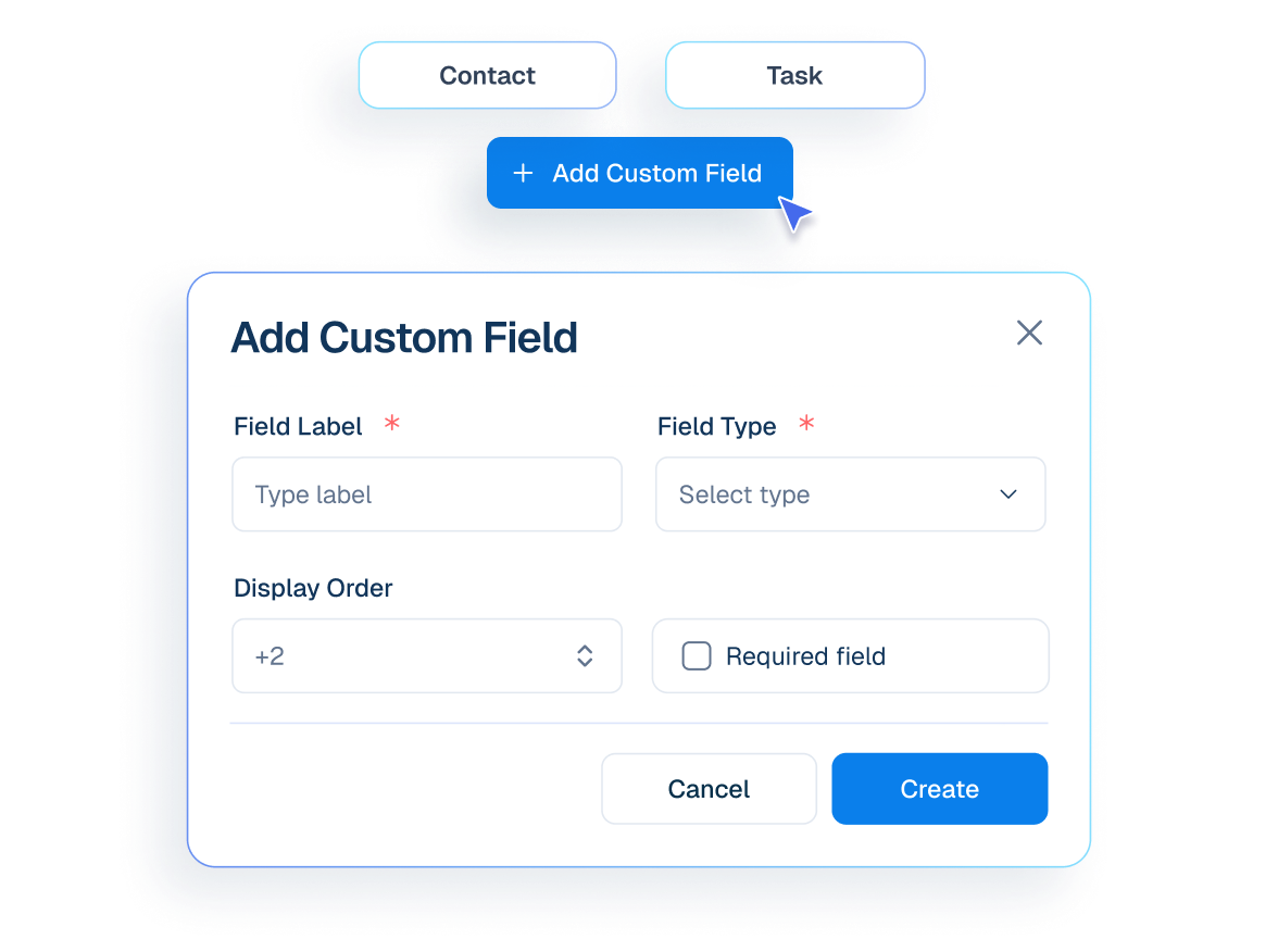 Interface mockup of a CRM "Add Custom Field" popup window showing configuration options like field label, type, and display order.