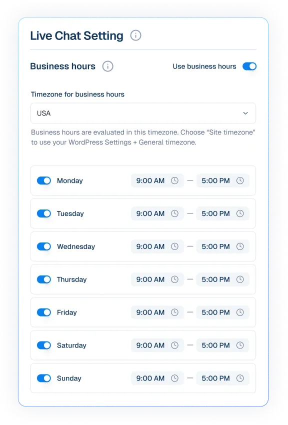 Mockup of a Live Chat Settings interface showing business hours configuration with daily schedules and timezone selection.