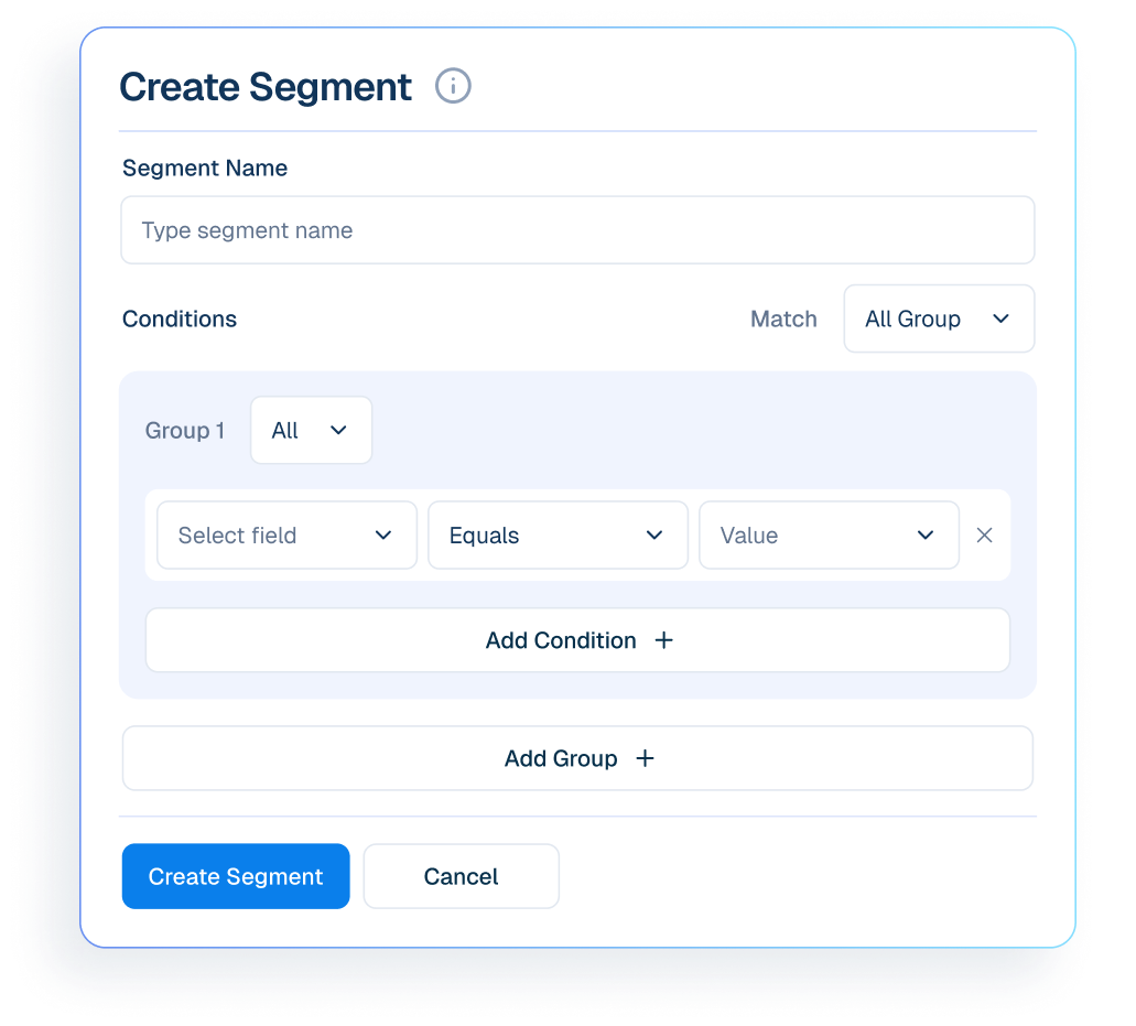Interface mockup showing a "Create Segment" module to group customers based on specific conditions for targeted marketing.