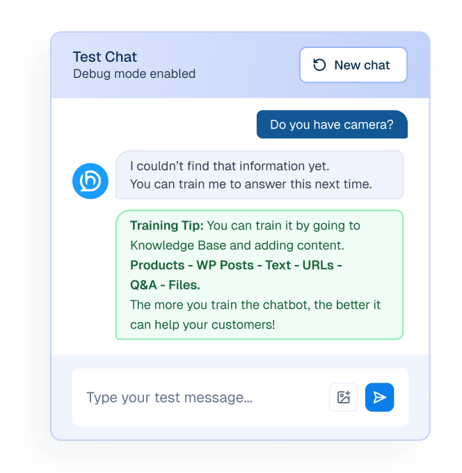 An AI chatbot testing interface window showing a "Training Tip" message suggesting content sources like WP Posts, Text, URLs, and Q&A to improve bot accuracy.
