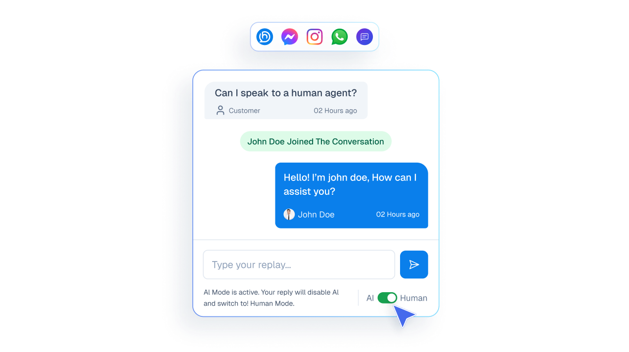 Mockup of a live chat interface showing a user asking to speak to a human and an agent joining the conversation to take over from the AI.