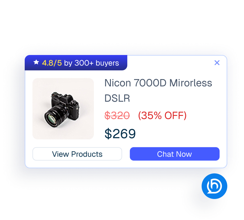 Mockup of a proactive sales chatbot pop-up displaying a discounted camera product card.