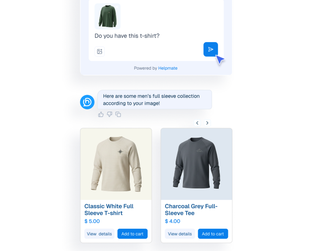 Mockup of a chatbot interface demonstrating a "Product Search By Image" feature where a user uploads a photo of a shirt to receive similar product recommendations.
