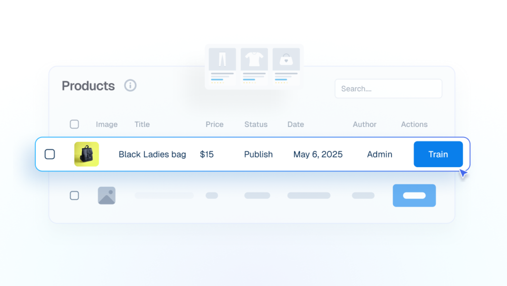 Interface mockup showing a products data table where a cursor is clicking a blue "Train" button to integrate details of a "Black Ladies bag" into the AI.
