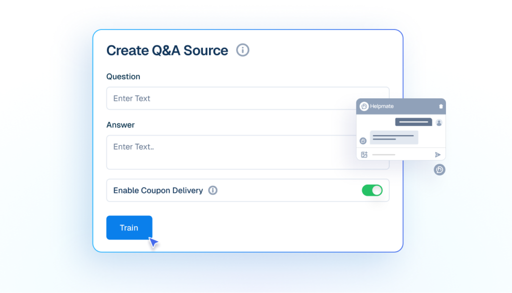 Mockup of a 'Create Q&A Source' interface showing input fields for a custom question and answer, a toggle for coupon delivery, and a cursor clicking a blue 'Train' button.