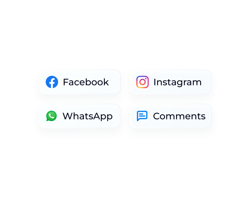 Grid of four pill-shaped buttons representing supported communication channels: Facebook, Instagram, WhatsApp, and Comments.