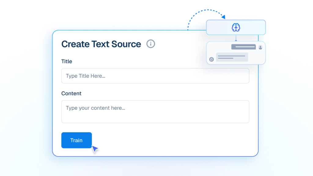 Mockup of a 'Create Text Source' interface with input fields for Title and Content, showing a cursor clicking a blue 'Train' button to feed text into an AI brain graphic.