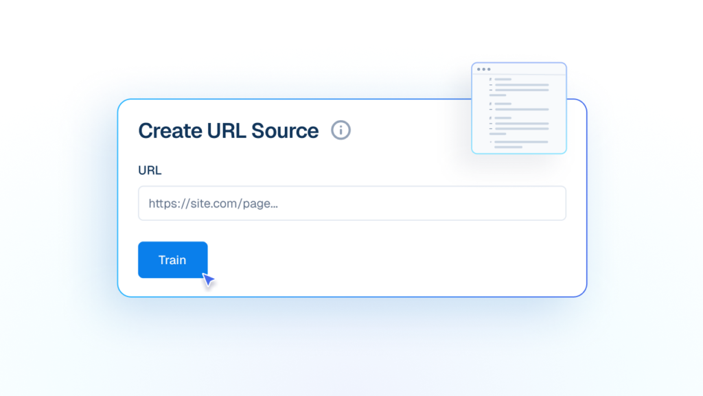 Interface mockup of a "Create URL Source" form showing a cursor clicking a "Train" button to add a live website link to the AI knowledge base.