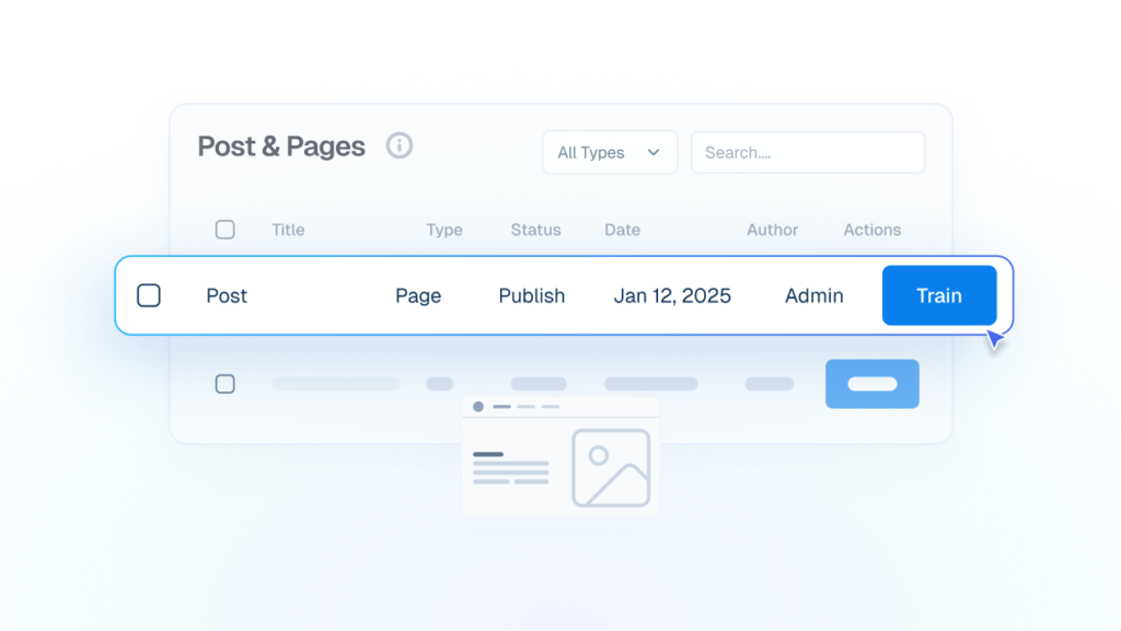 Interface mockup showing a data table for "Post & Pages" where a cursor is clicking a blue "Train" button to use existing blog content for the AI.