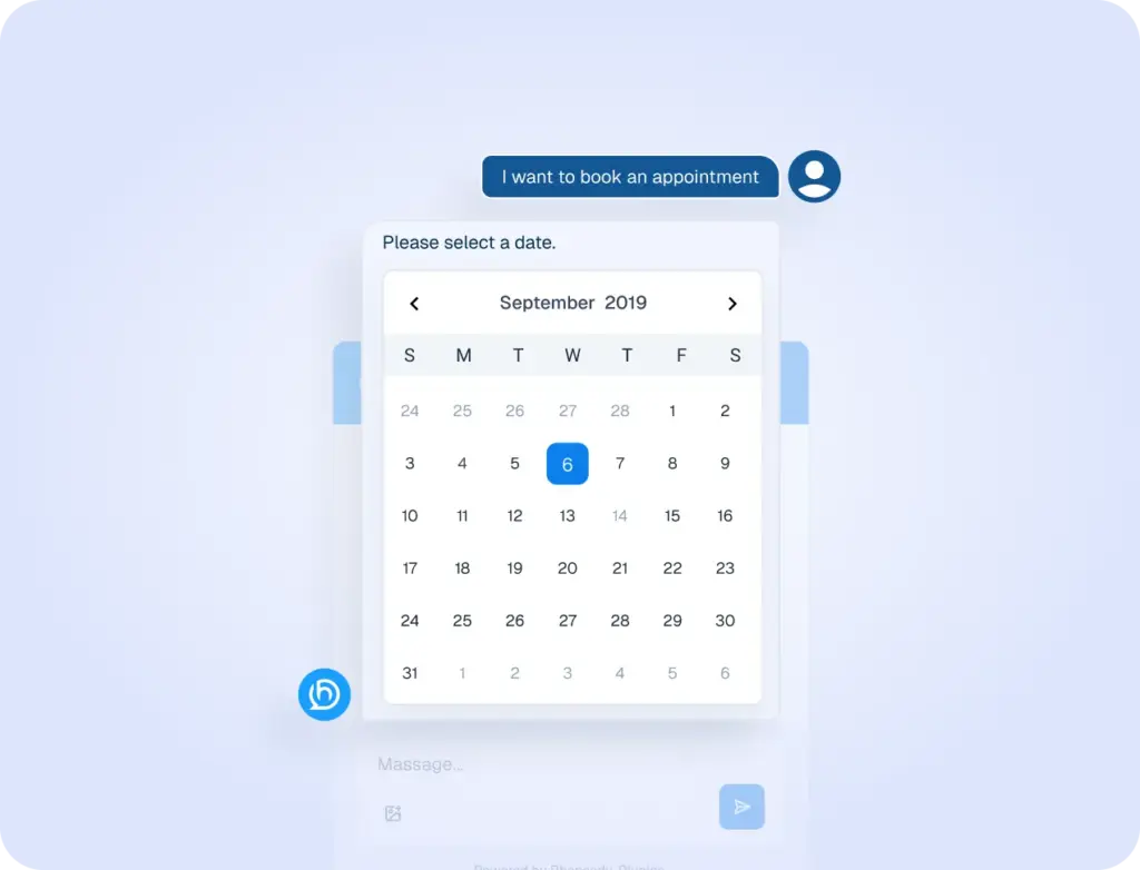 Mockup of an interactive calendar widget within a chat interface used for booking appointments.