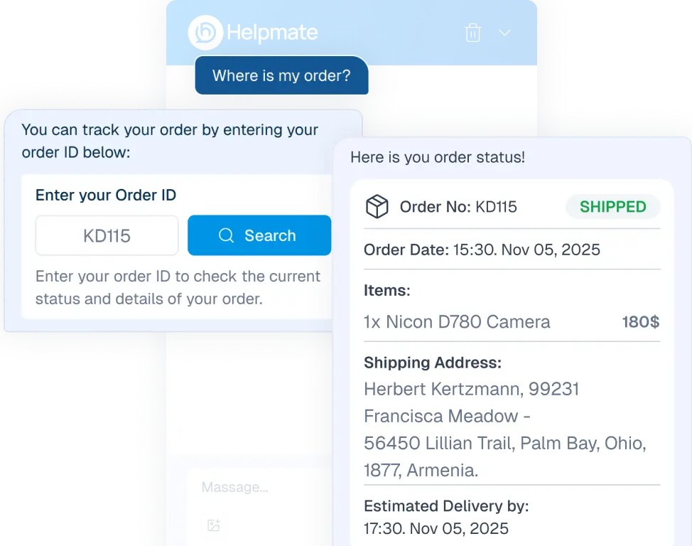 Interface mockup of a chatbot handling a refund request, showing a user prompt "I want refund" and the bot displaying a return process form and a success notification.