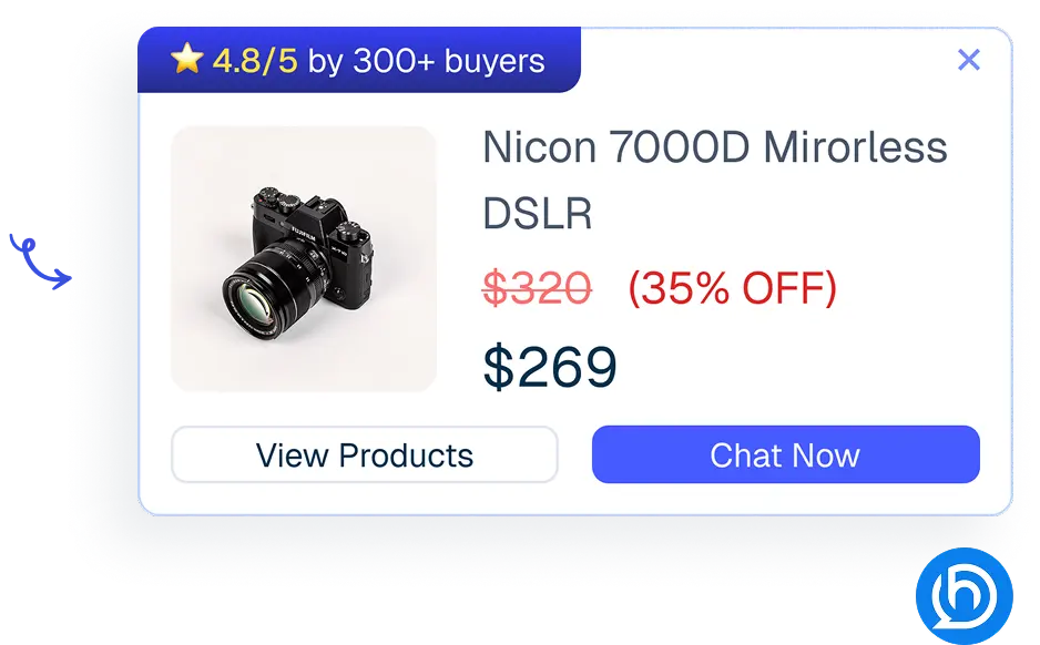 Mockup of a proactive sales chatbot pop-up displaying a discounted camera product card.