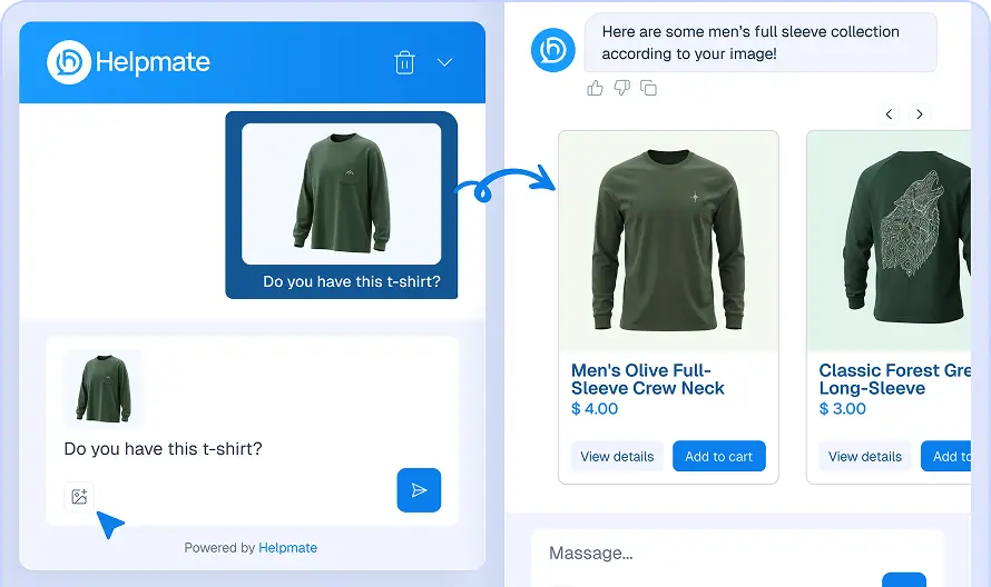 An AI chatbot interface window demonstrating visual search capabilities, showing a user-uploaded photo of a green shirt and receiving a "men's full sleeve collection" of similar products.