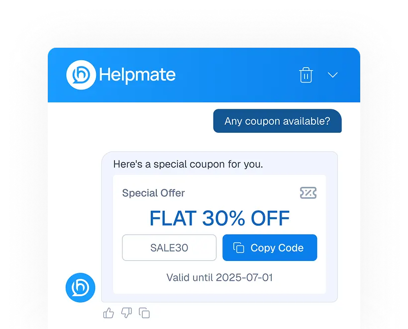 An AI chatbot interface window delivering a "FLAT 30% OFF" discount coupon in response to a user asking, "Any coupon available?"