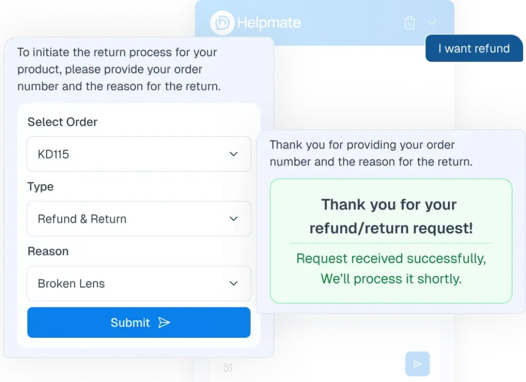 An AI chatbot interface for automating refunds and returns, showing a user-initiated request for a "Broken Lens" with an automated confirmation message.