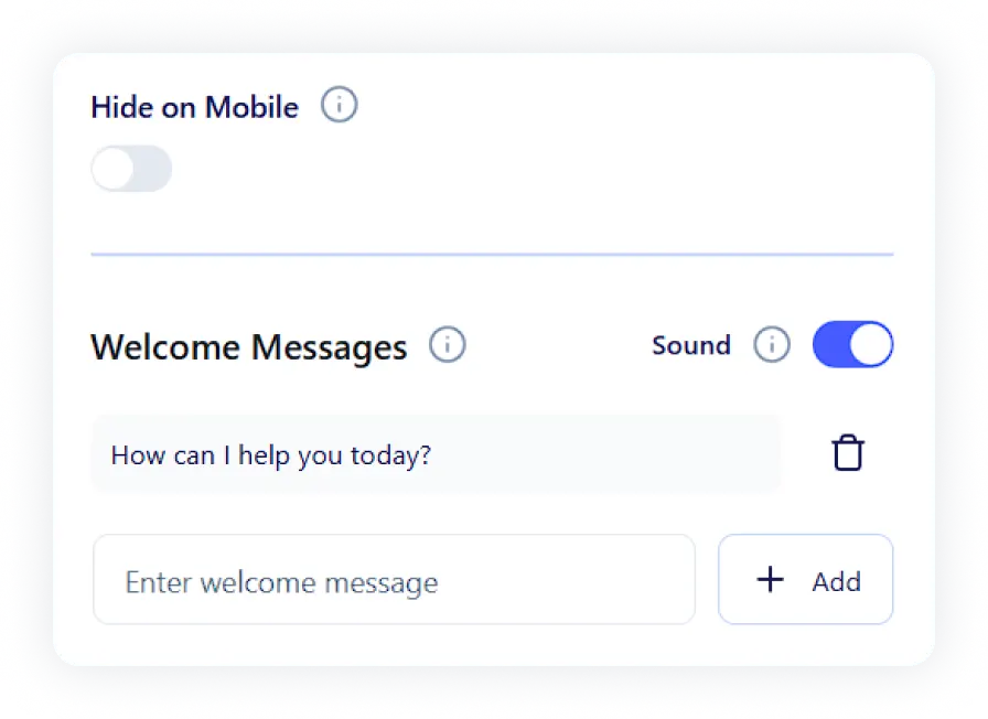 Interface mockup showing chatbot behavior settings including mobile visibility, sound toggles, and customizable welcome messages.